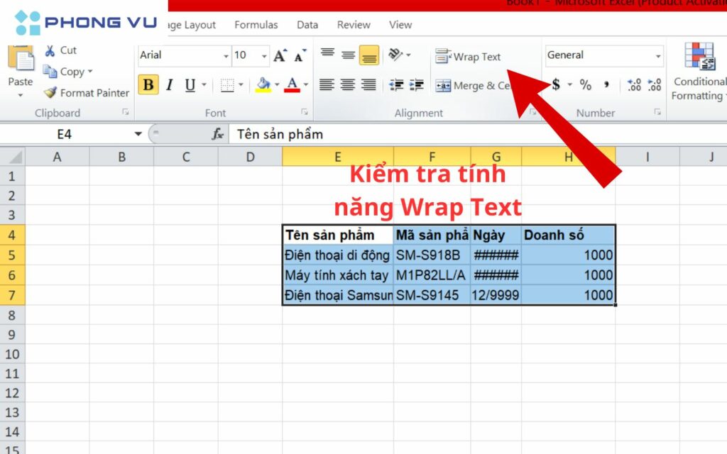 Định dạng bảng với tính năng Wrap Text