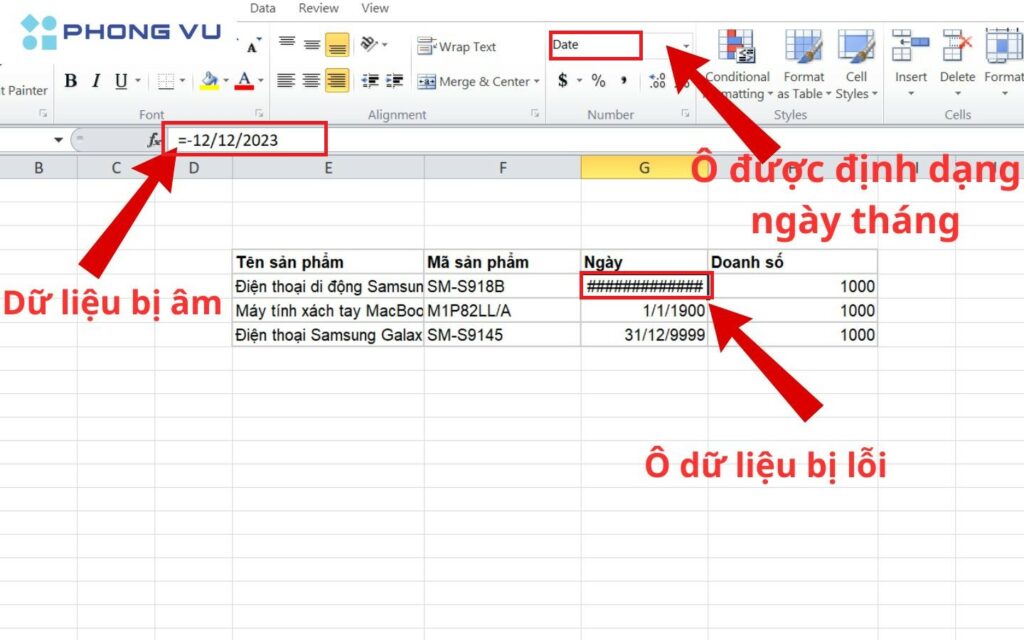 Lỗi '####' trong Excel do ngày tháng mang giá trị âm