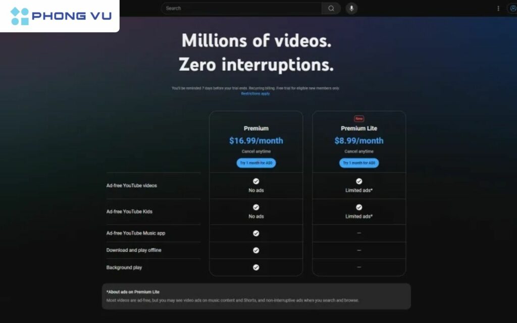 YouTube Premium Lite chỉ có giá bằng một nửa