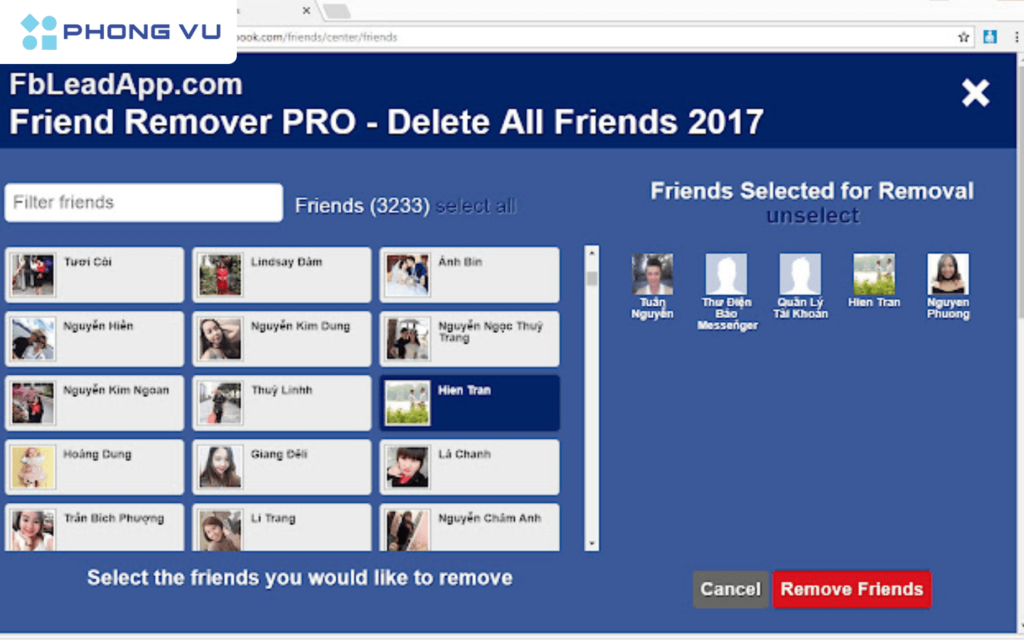 Chọn bạn bè muốn xóa