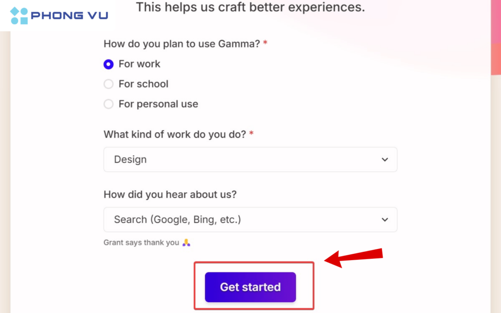 Điền thông tin > Get Started