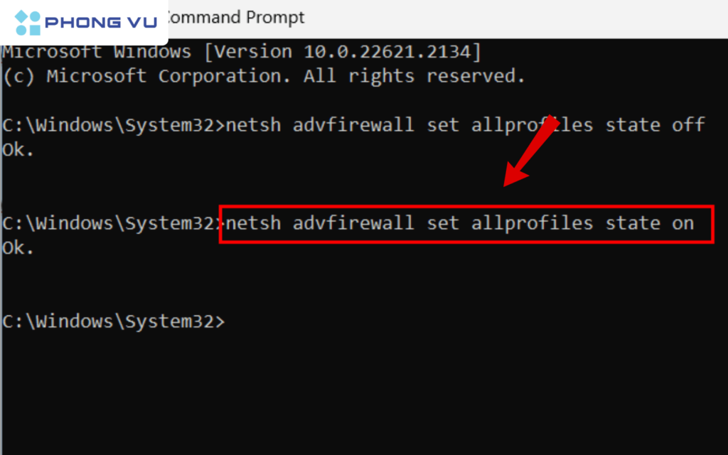 Dùng lệnh “netsh advfirewall set allprofiles state on/off” để bật/ tắt tường lửa