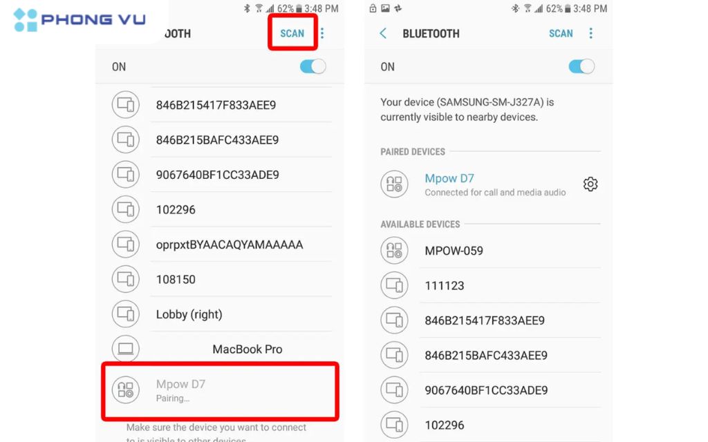Trên màn hình Bluetooth, chọn tên tai nghe của bạn từ danh sách