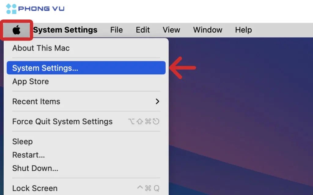 Click vào biểu tượng Apple ở góc trên bên trái màn hình và chọn System Settings