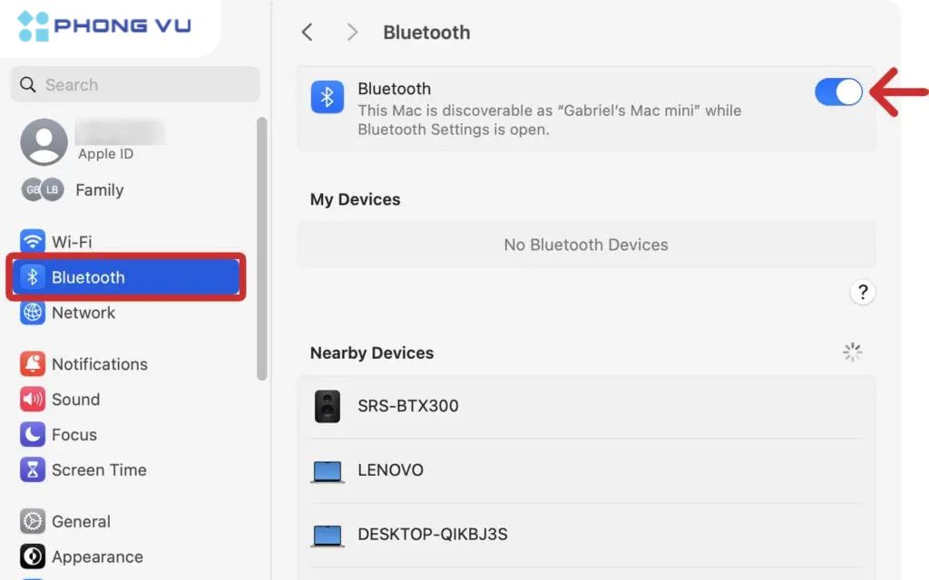Sau đó, chọn Bluetooth và bật công tắc Bluetooth
