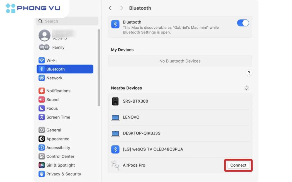 Trên cửa sổ Bluetooth, chọn tên tai nghe của bạn từ danh sách và click vào Connect