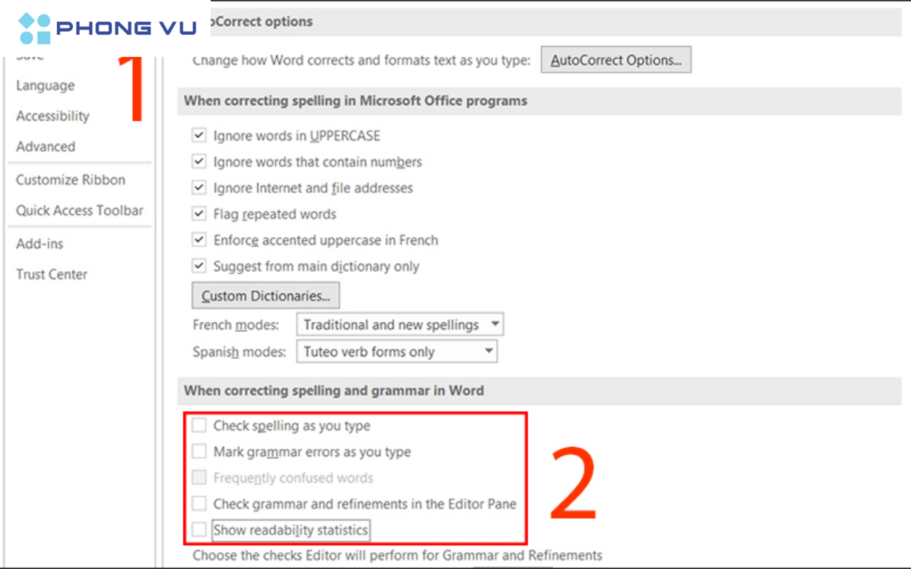  bỏ đánh dấu các mục trong When correcting spelling and grammar in Word