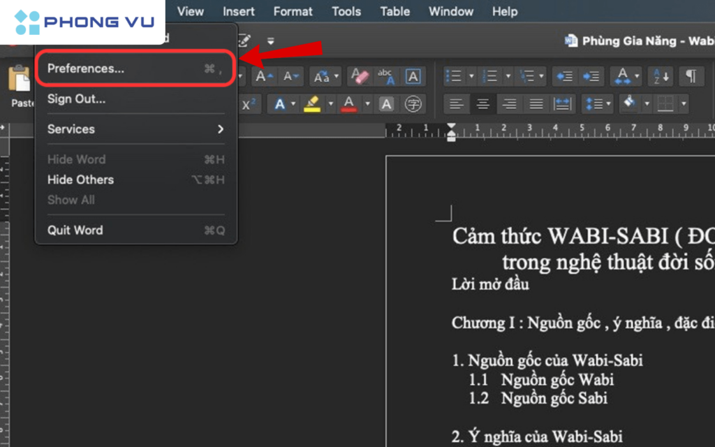 Mở Word trên MacBook > Chọn Word từ thanh menu trên cùng của màn hình > Chọn Preferences từ Menu xuất hiện