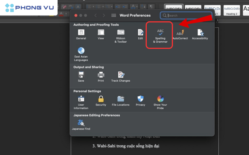  Chọn vào mục Spelling & Grammar
