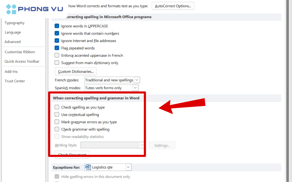 Bỏ đánh dấu các mục trong When correcting spelling and grammar in Word