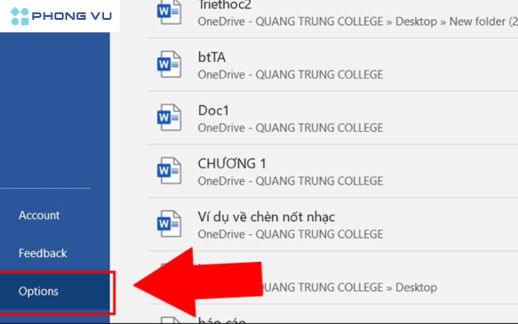 Nhấp chuột vào mục Options ở góc dưới bên trái màn hình