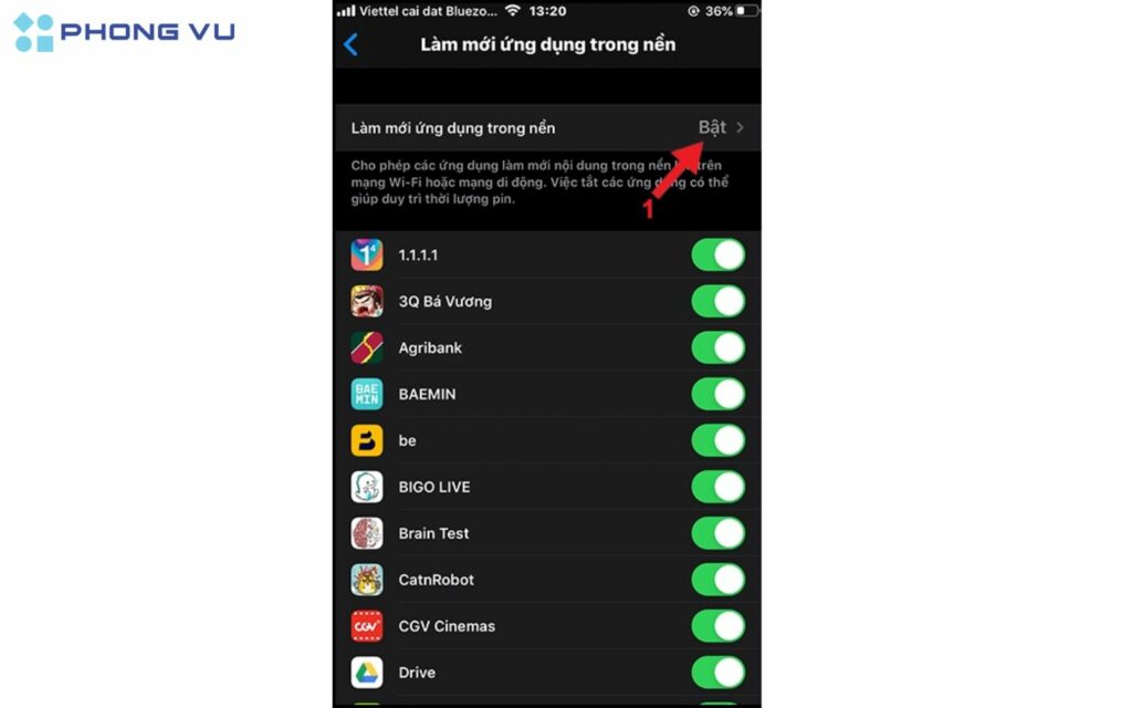 Nhấn vào Làm mới ứng dụng trong nền