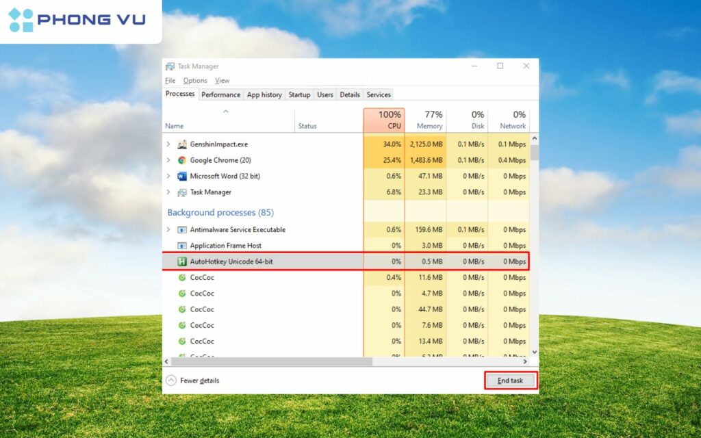 Nhấn phím Delete hoặc chọn End task để dừng ứng dụng