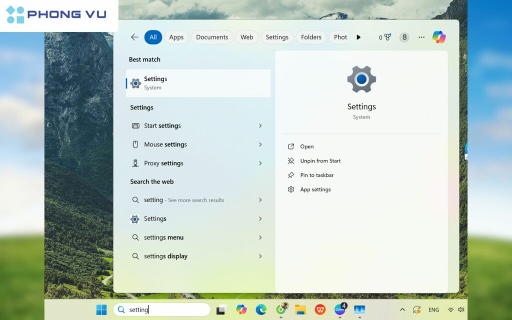 Nhập từ khóa settings vào thanh tìm kiếm