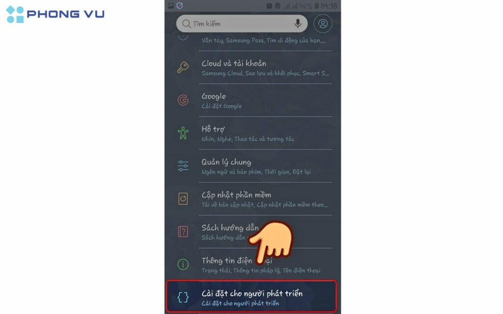 Chọn mục cài đặt nhà phát triển.