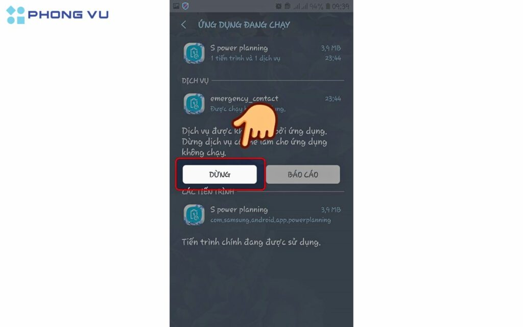  Chọn mục Buộc dừng.