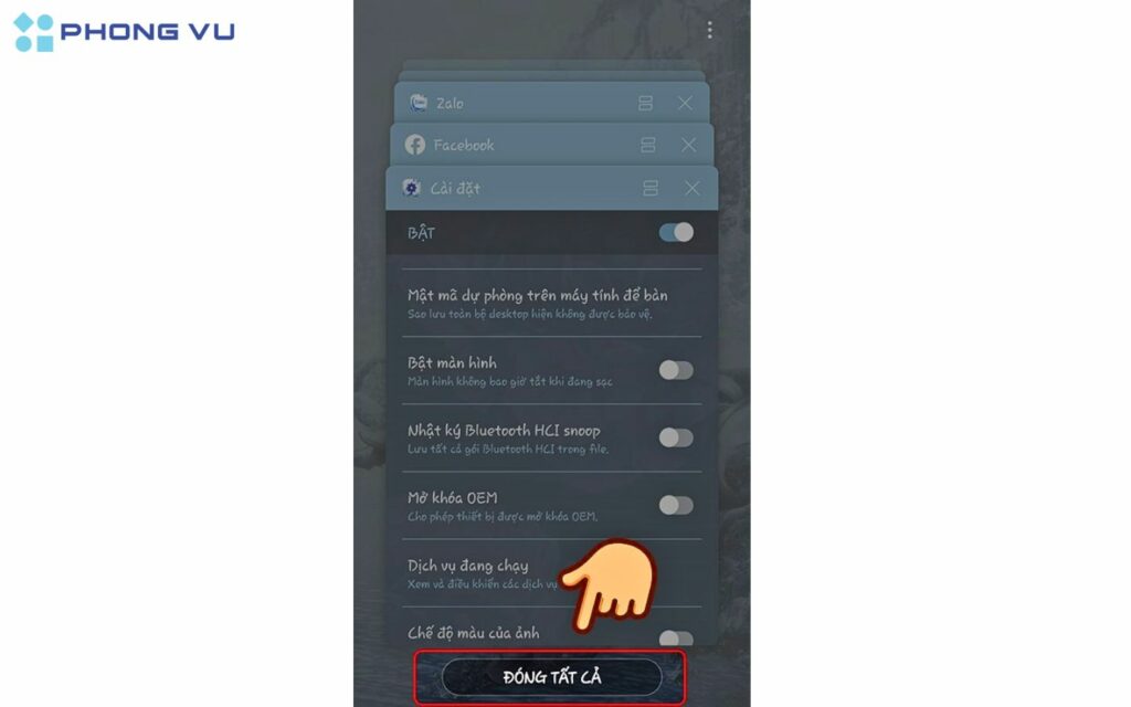 Chọn Đóng tất cả để tắt toàn bộ ứng dụng đang chạy ngầm.