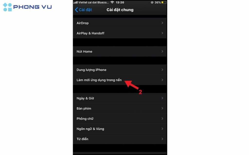 Chọn Làm mới ứng dụng trong nền.