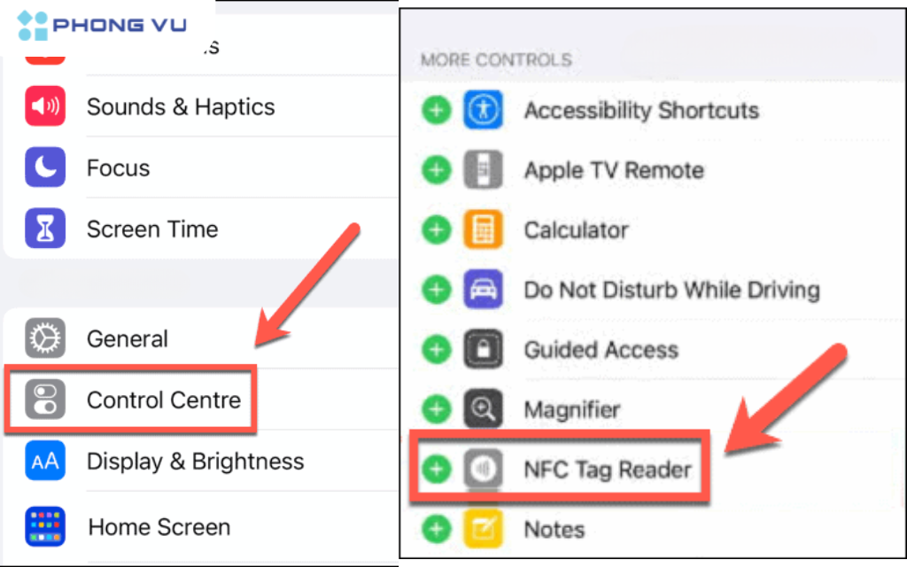 Nếu không thấy biểu tượng "Đầu đọc thẻ NFC" trong Trung tâm điều khiển, bạn cần thêm nó vào thông qua Cài đặt
