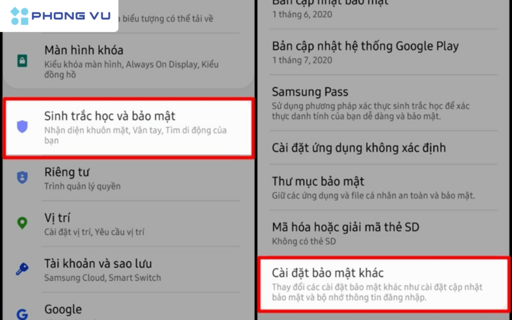Nhấn chọn Sinh trắc học và bảo mật > Chọn Cài đặt bảo mật khác