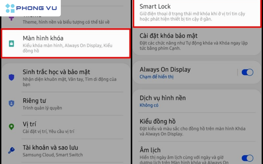 Chọn Màn hình khóa > Nhấn chọn Smart Lock > Chọn tính năng mở khóa tùy theo mục đích cá nhân