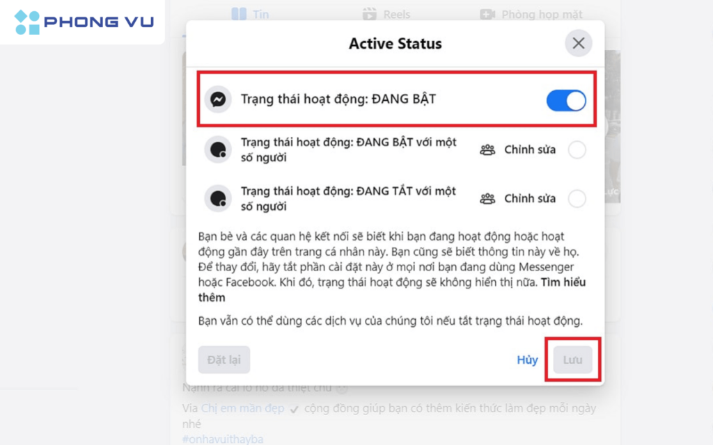 Tắt công tắc trạng thái rồi nhấn Lưu