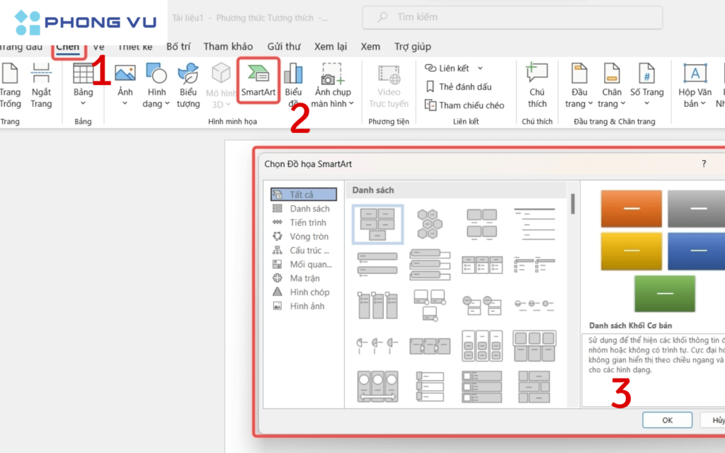 Chọn Chèn > Nhấn chọn SmartArt > Chọn mẫu sơ đồ muốn vẽ > Nhấn OK