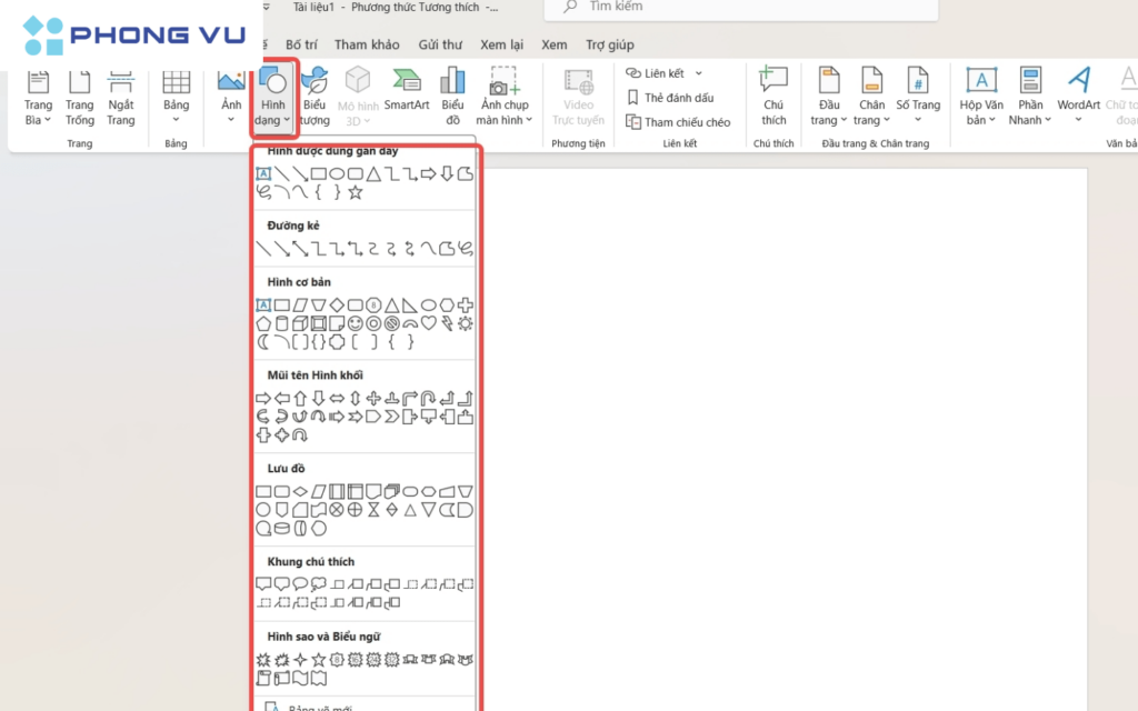 Mở Word > Chọn Chèn > Chọn Shapes (Hình dạng) > Chọn các hình khối phù hợp