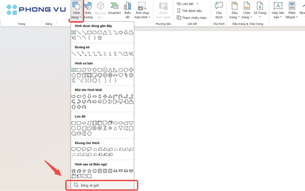 Chọn Chèn trên thanh công cụ > Nhấn Hình dạng > Chọn Bảng vẽ mới