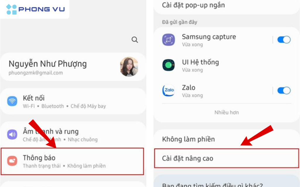 Vào Cài đặt của điện thoại Android > Chọn vào mục Thông báo > Chọn Cài đặt nâng cao