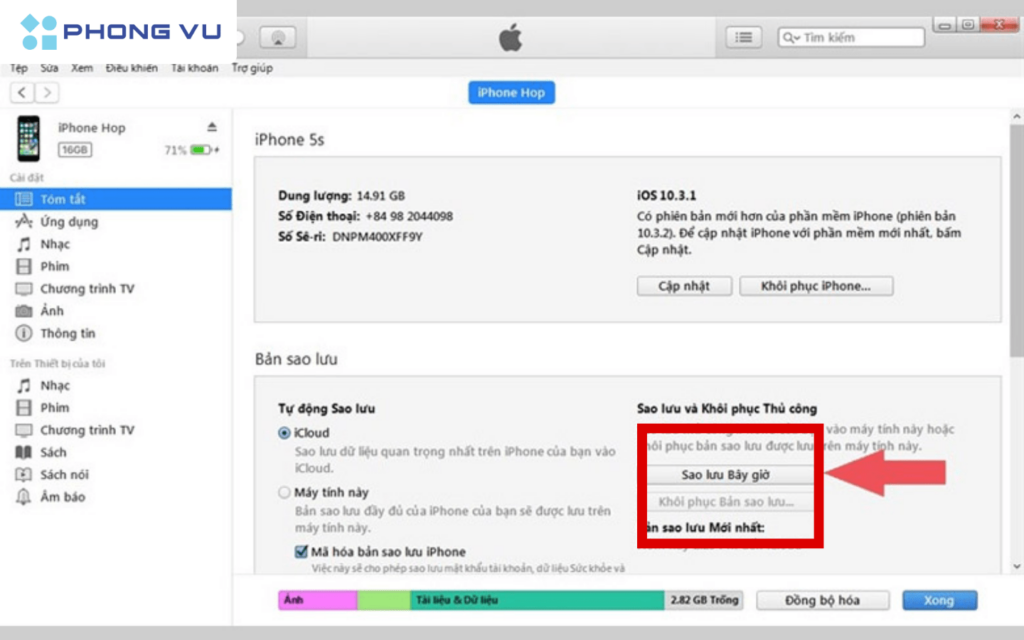 Click vào mục Sao lưu bây giờ