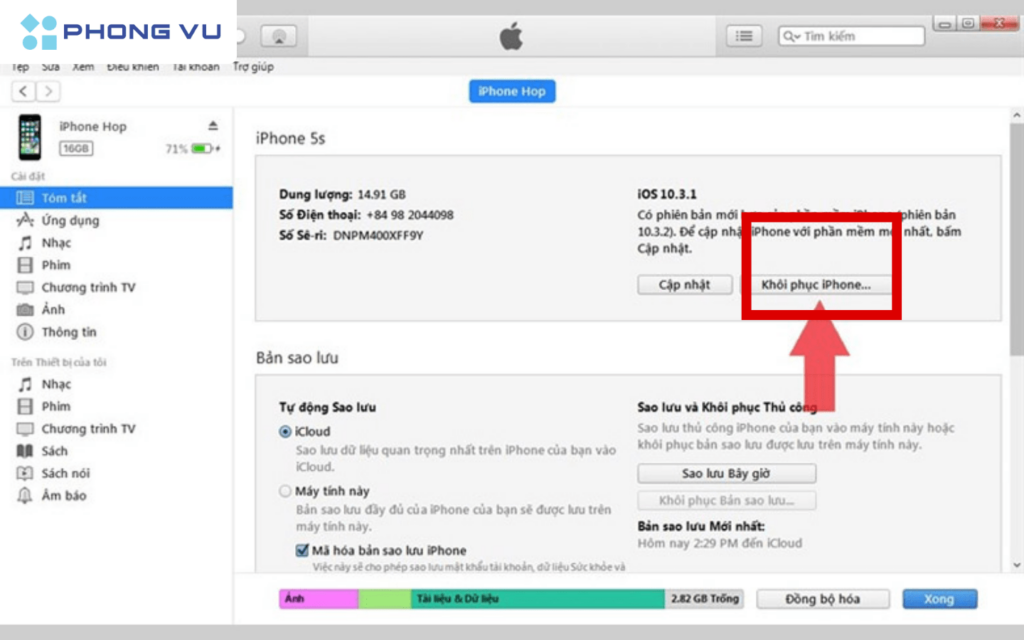 Chọn phần Khôi phục iPhone để máy bắt đầu chạy lại cài đặt