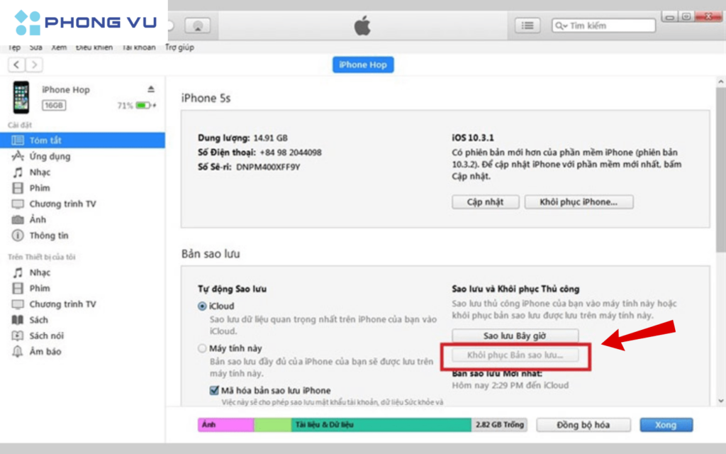 Bấm chọn vào Khôi phục bản sao lưu 