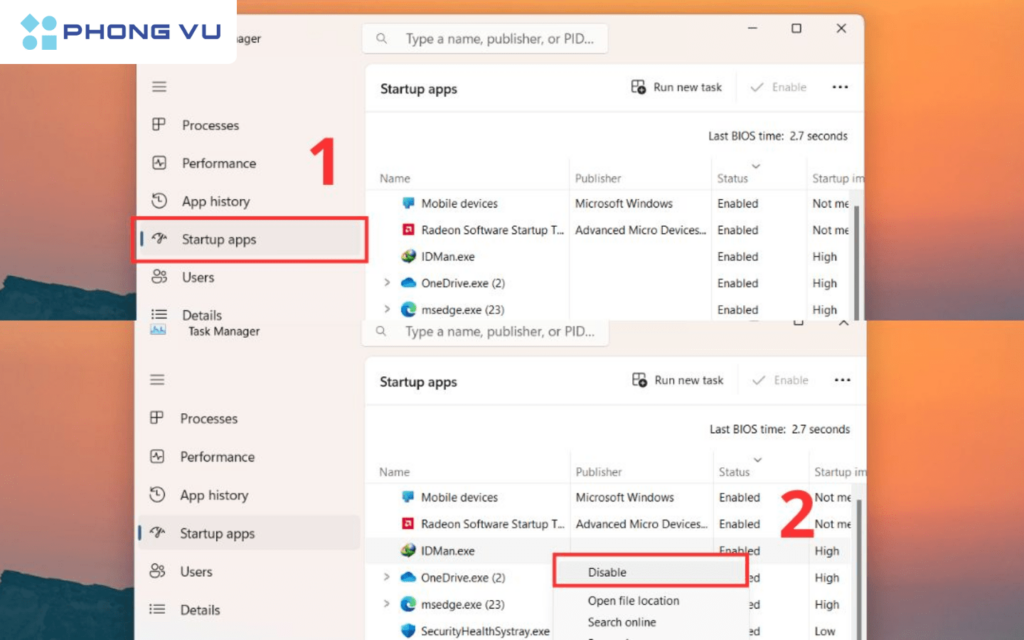 Nhấn chọn Startup> Nhấn chuột phải vào ứng dụng không cần thiết > Nhấn Disable