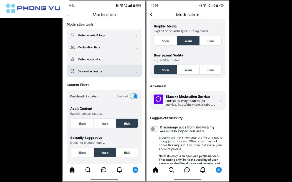 Bluesky cung cấp nhiều công cụ kiểm duyệt nội dung mạnh mẽ, cho phép bạn chặn từ ngữ, cụm từ hoặc tài khoản không mong muốn.