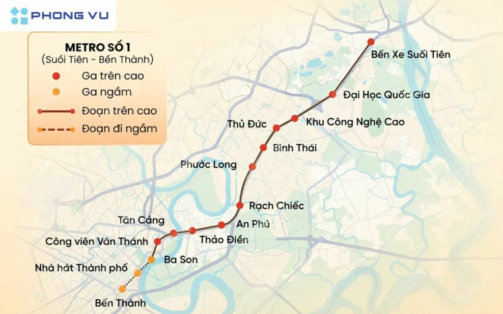 Lộ trình tuyến Metro số 1 sẽ gồm 11 nhà ga cao và 3 ga ngầm