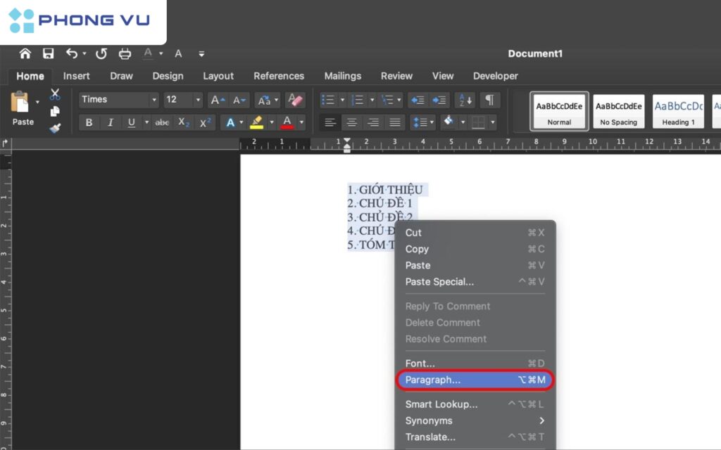 Truy cập vào phần Paragraph.
