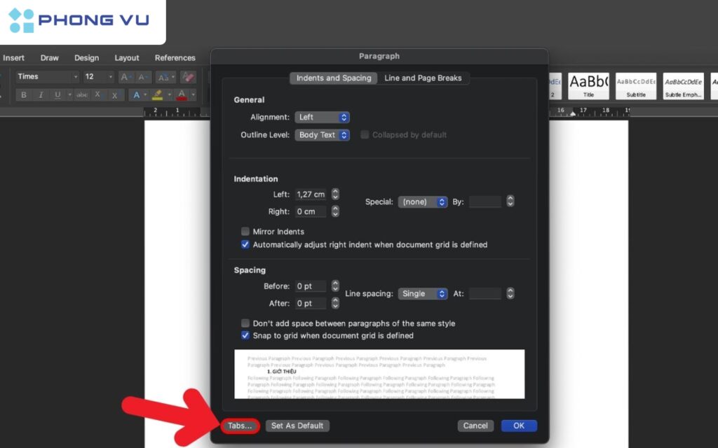Chọn mục Tabs ở góc dưới cùng bên trái.