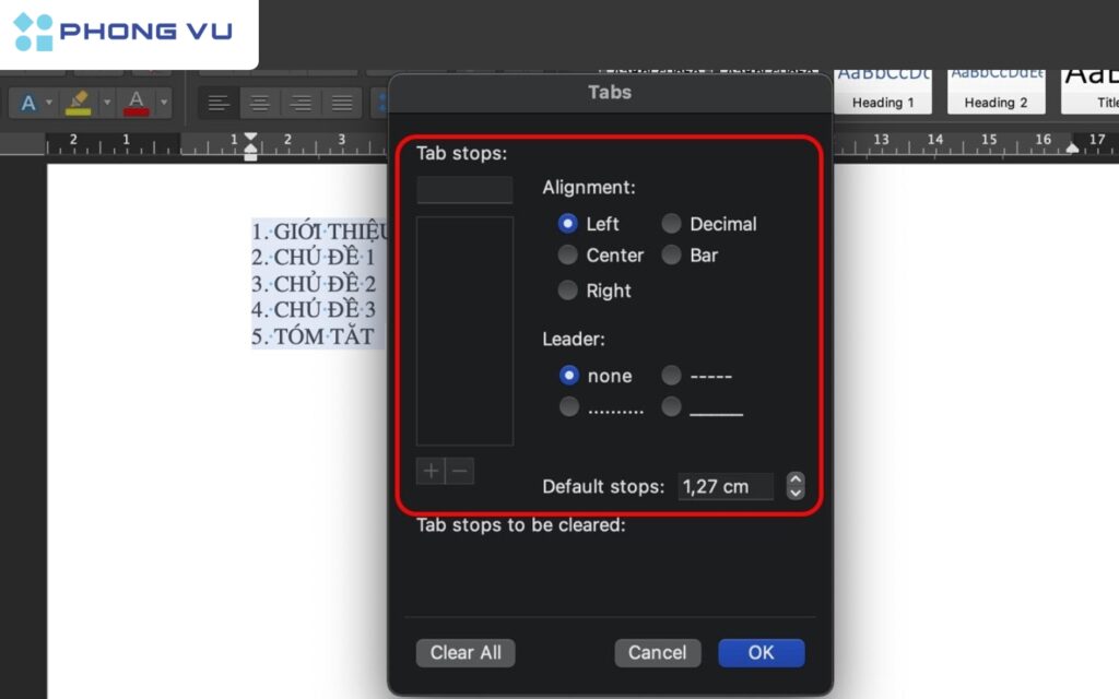 Chọn kiểu Leader với dấu chấm (....)