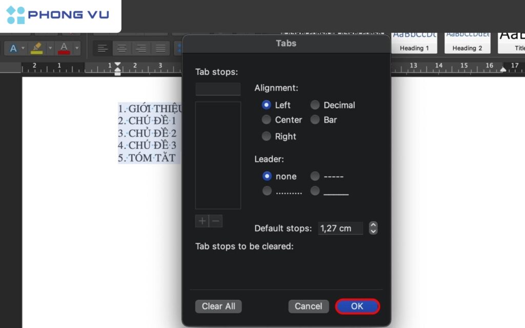 Chọn OK để lưu cài đặt.