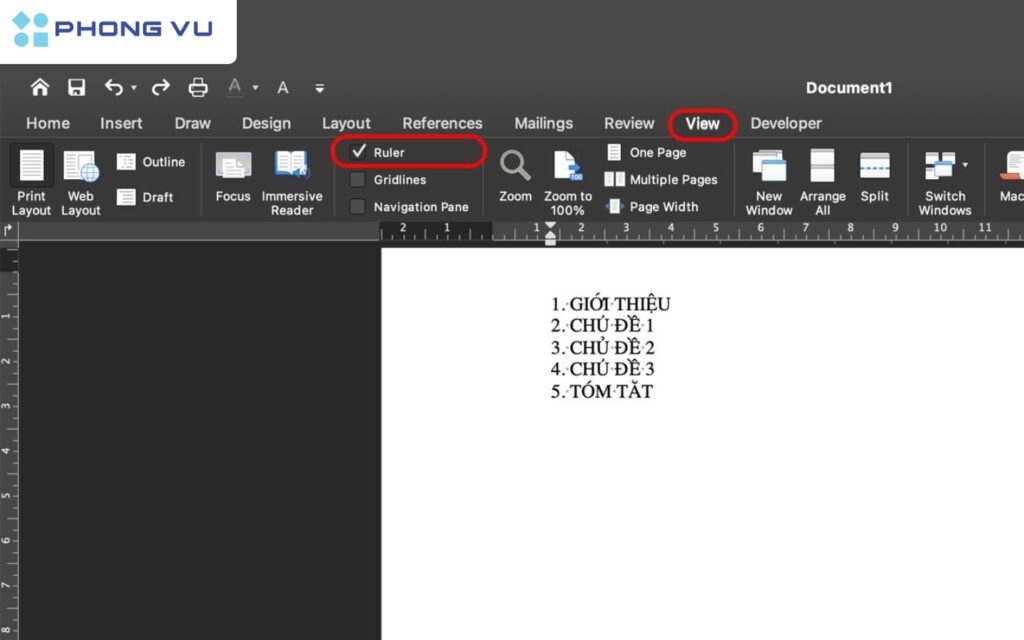 Vào mục View và chọn vào ô Ruler.