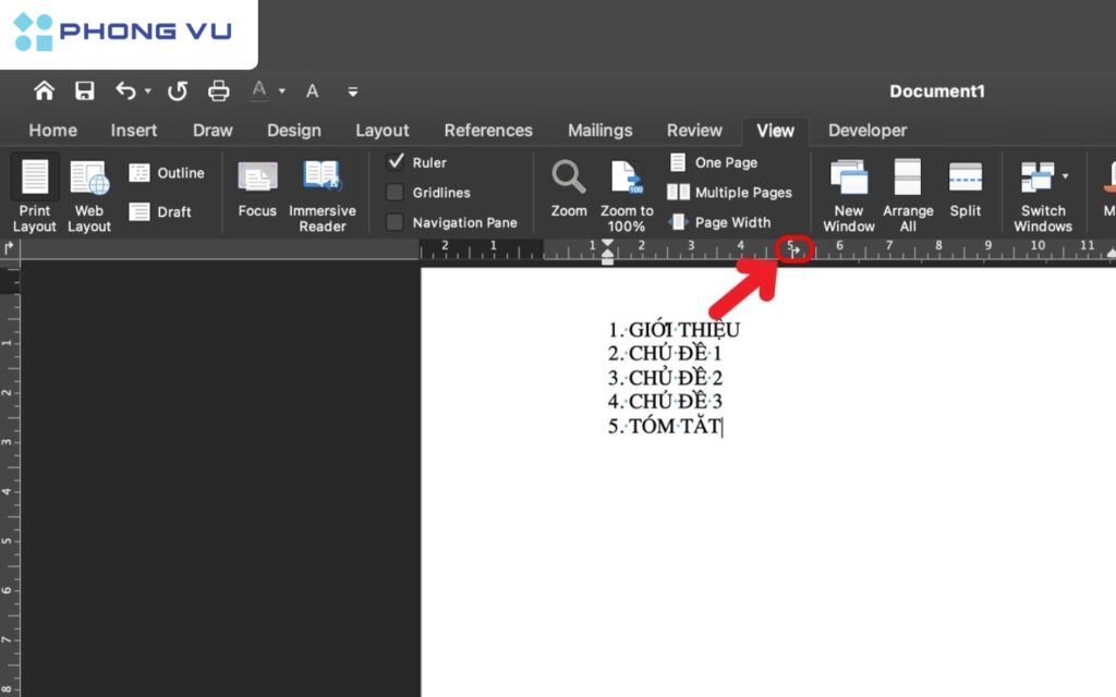 Chọn điểm trên thanh Ruler.