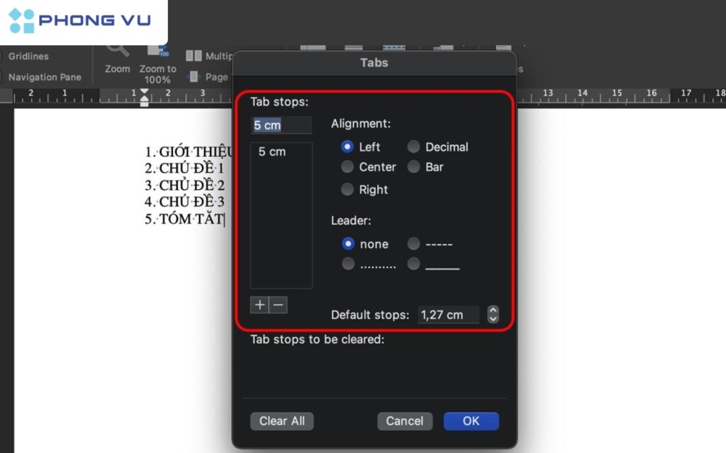 Thiết lập Tab theo ý muốn.