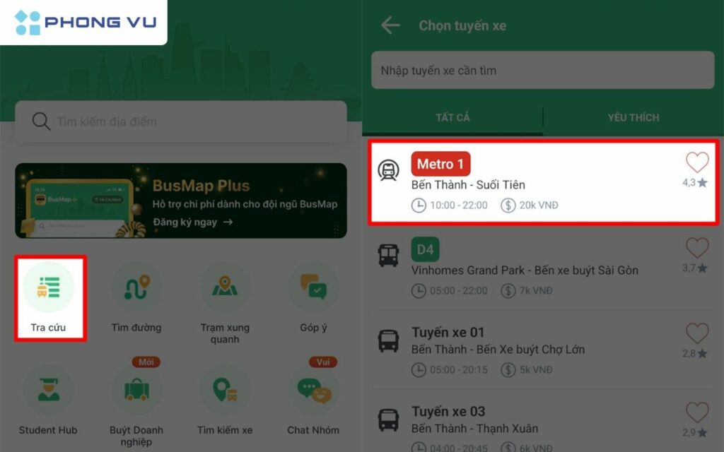 3 Cách tra cứu đường đi tuyến Metro số 1 Bến Thành - Suối Tiên 5 Chọn vào mục Tra cứu