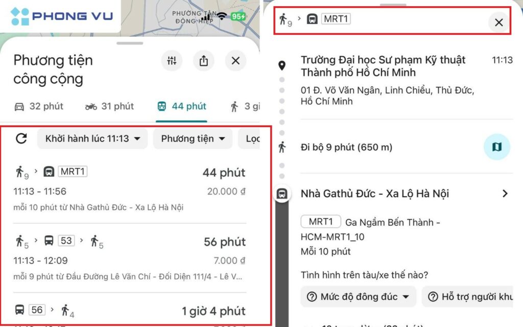 3 Cách tra cứu đường đi tuyến Metro số 1 Bến Thành - Suối Tiên 8 Ở phần Phương tiện công cộng, chọn lộ trình có tuyến MRT1 (Metro số 1)
