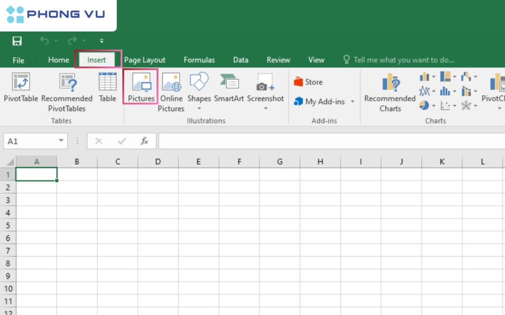 Cách chèn ảnh vào Excel không cần chỉnh kích thước nhanh nhất 1 Chọn tab Insert và nhấn Pictures.