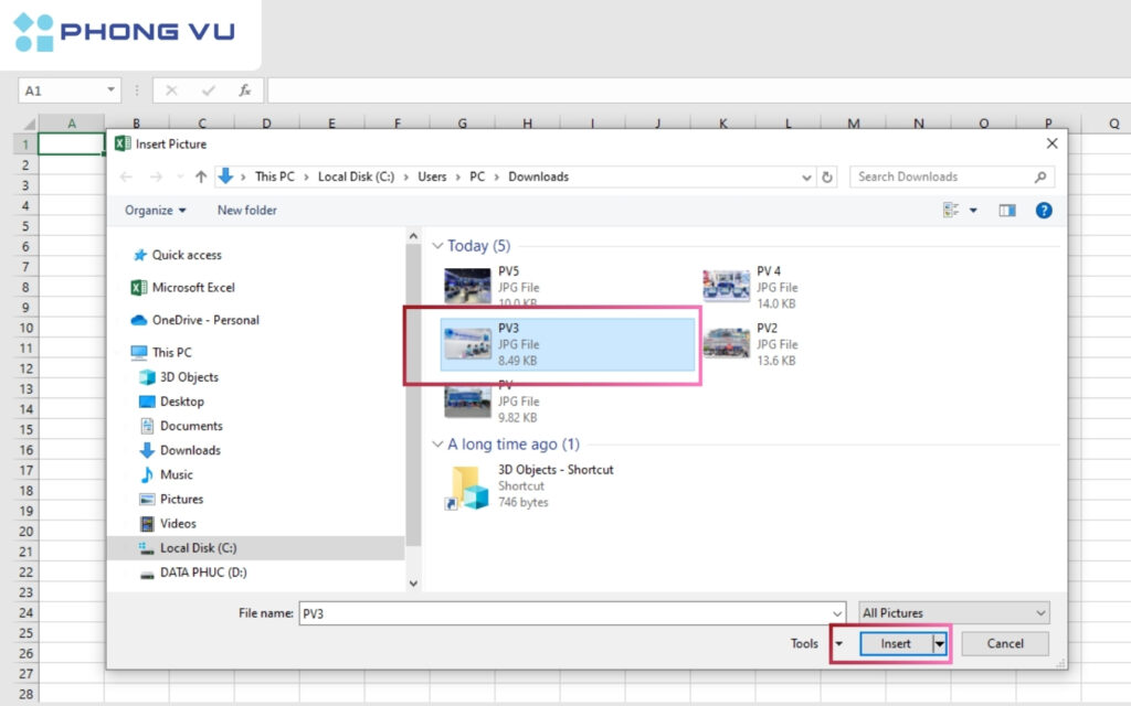 Cách chèn ảnh vào Excel không cần chỉnh kích thước nhanh nhất 2
Chọn ảnh từ thiết bị và nhấn Insert.