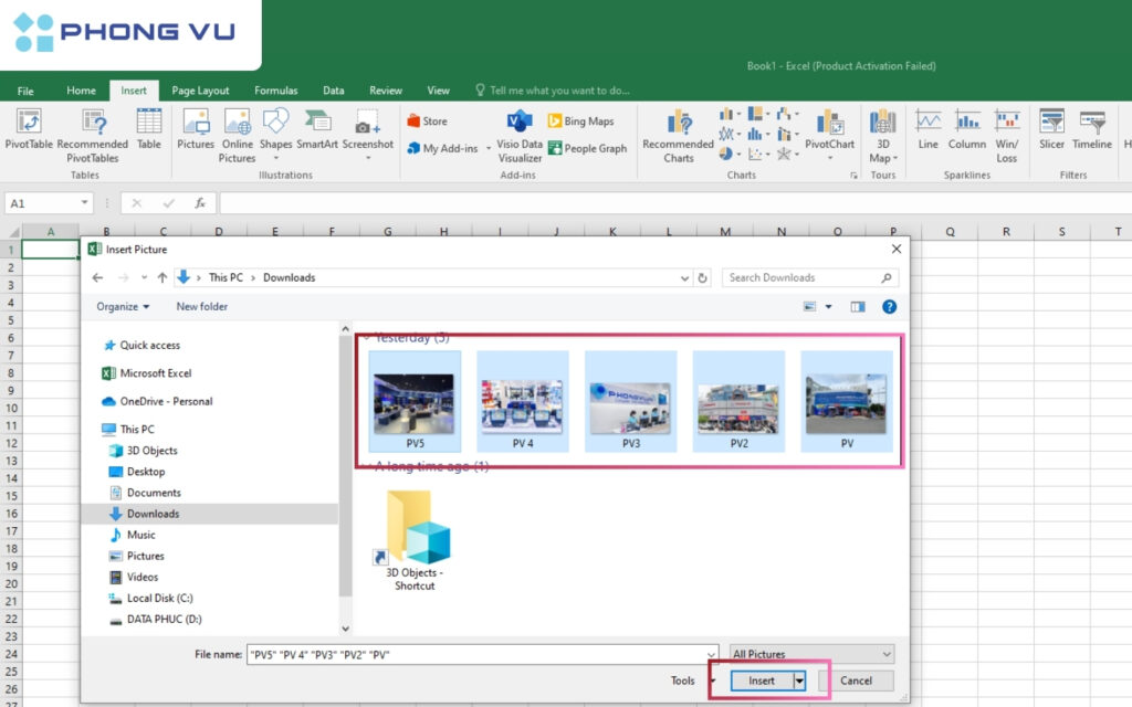 Cách chèn ảnh vào Excel không cần chỉnh kích thước nhanh nhất 5 Nhấn insert để chèn ảnh vào excel.