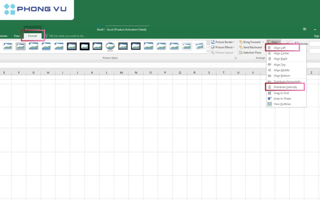 Cách chèn ảnh vào Excel không cần chỉnh kích thước nhanh nhất 8 Chọn Align Left và Distribute Vertically để sắp xếp lại ảnh chèn vào Excel.