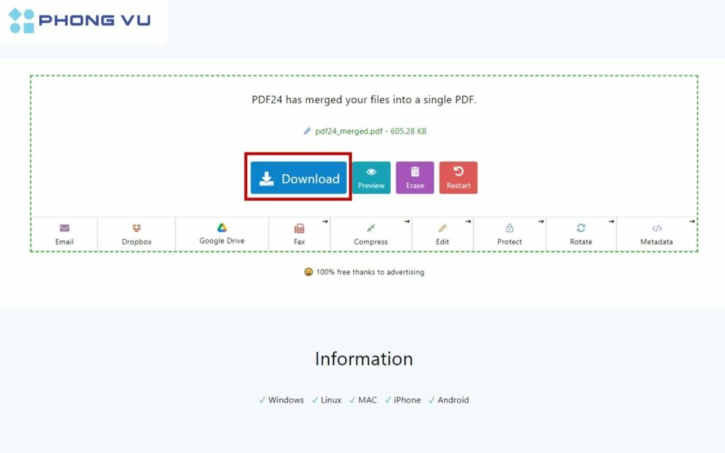 Tải file PDF đã ghép xuống máy.